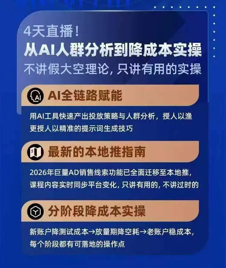 2026巨量AD本地推线索获客全流程实战课-33期：AI人群分析、账户搭建、7天测试、分阶段降本与投放优化
