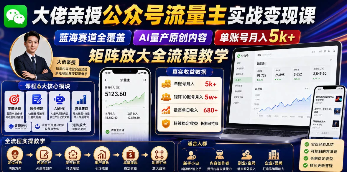 大佬亲授公众号流量主实战变现课,蓝海赛道全覆盖,AI量产原创内容,单账号月入5k+矩阵放大全流程教学祝你网--专注互联网创业.信息差副业研究拒绝割韭菜祝你网