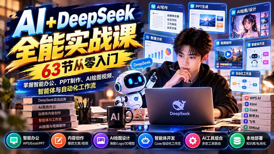 2f8b032f4fec8ec458d95c3cb27207e7.jpeg (21141期)AI+DeepSeek全能实战课:63节从零入门,掌握智能办公、PPT制作、AI绘图视频、智能体与自动化工作流