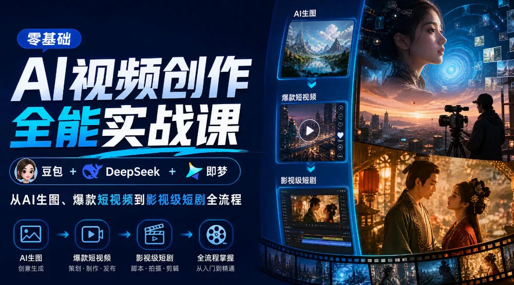 302789968f185802129d96b8a4f4712a.webp 零基础AI视频创作全能实战课|豆包+DeepSeek+即梦,从AI生图、爆款短视频到影视级短剧全流程