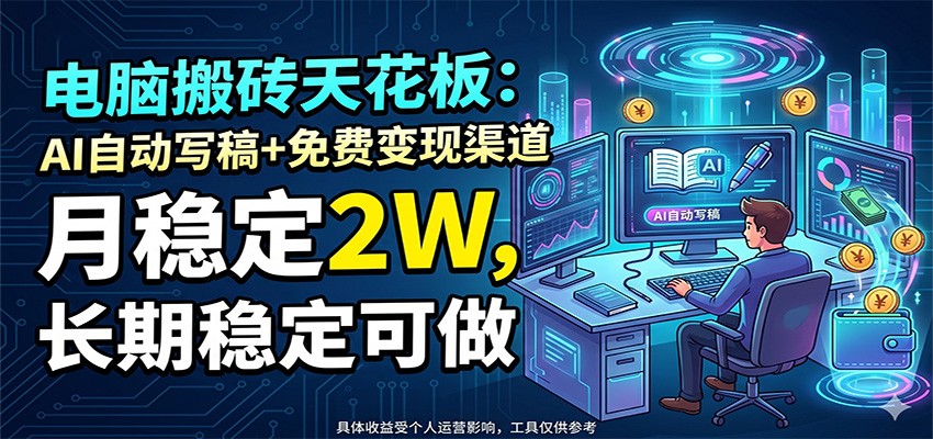 电脑搬砖天花板：AI自动写稿+免费变现渠道，月稳定2W，长期稳定可做祝你网--专注互联网创业.信息差副业研究拒绝割韭菜祝你网