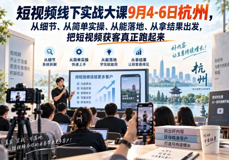 30495b2f30ad28e8b0e2cea0098ce45c.webp 短视频线下实战大课9月4-6日杭州,从细节、从简单实操、从能落地、从拿结果出发,把短视频获客真正跑起来