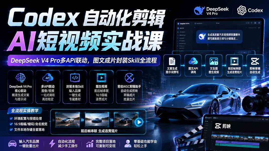 （19711期）Codex自动化剪辑AI短视频实战课｜DeepSeek V4 Pro多API联动，图文成片封装Skill全流程祝你网--专注互联网创业.信息差副业研究拒绝割韭菜祝你网