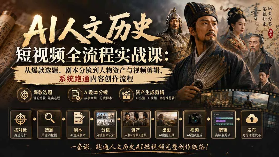 AI人文历史短视频全流程实战课：从爆款选题、剧本分镜到人物资产与视频剪辑，系统跑通内容创作流程祝你网--专注互联网创业.信息差副业研究拒绝割韭菜祝你网