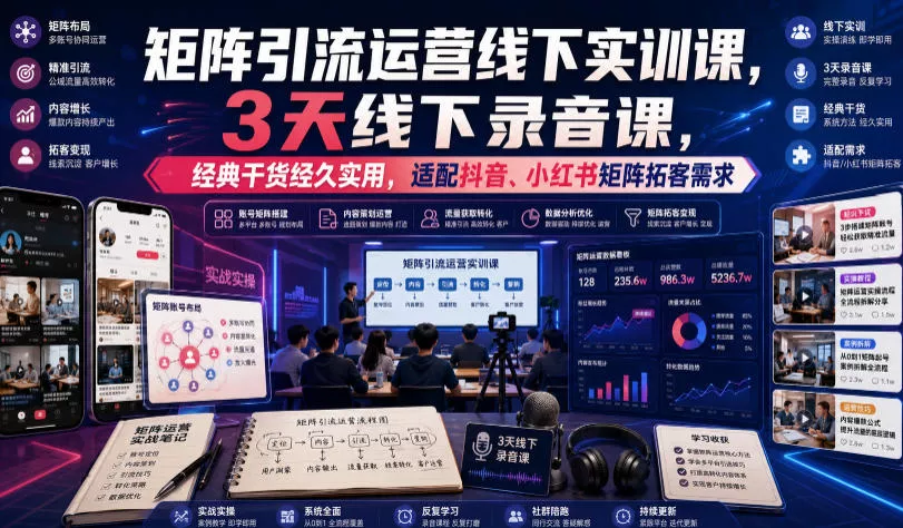 嗨推矩阵引流运营线下实训课,3天线下录音课,经典干货经久实用,适配抖音、小红书矩阵拓客需求祝你网--专注互联网创业.信息差副业研究拒绝割韭菜祝你网