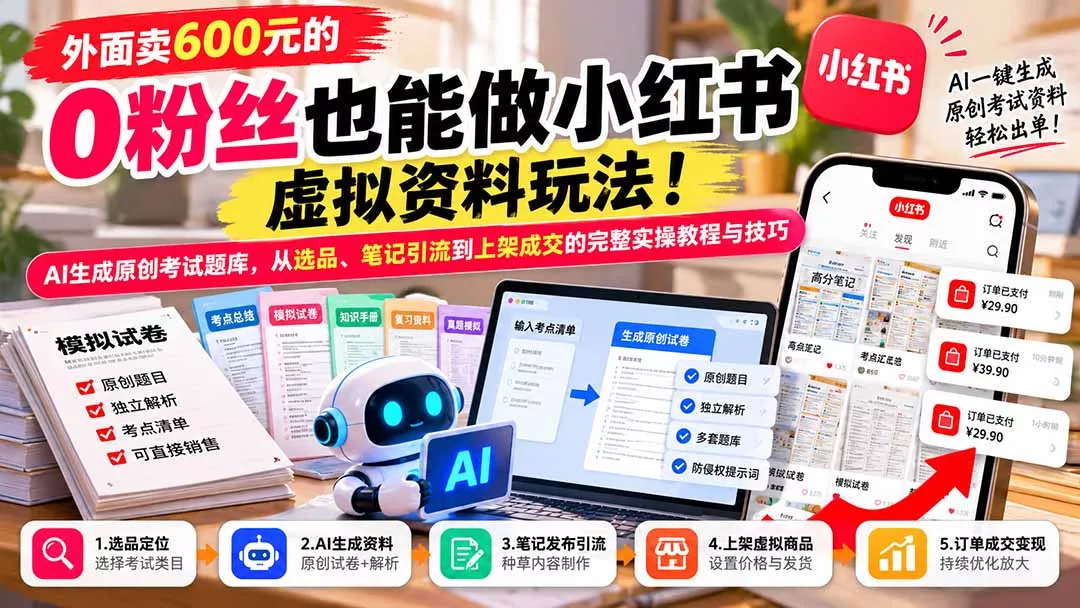 外面卖600元的 零粉丝也能做小红书虚拟资料玩法!AI生成原创考试题库,从选品、笔记引流到上架成交的完整实操教程祝你网--专注互联网创业.信息差副业研究拒绝割韭菜祝你网