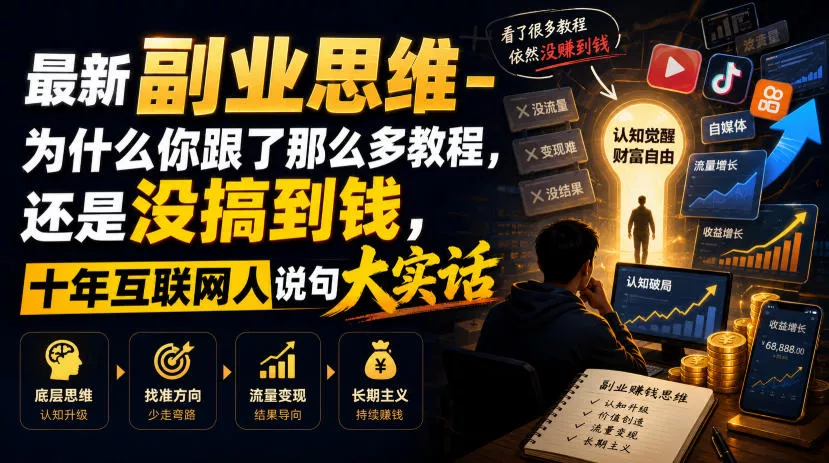 32149589a8cc7d8aeca669684f84bd0f.webp 最新副业思维-为什么你跟了那么多教程,还是没搞到钱,十年互联网人说句大实话【揭秘】