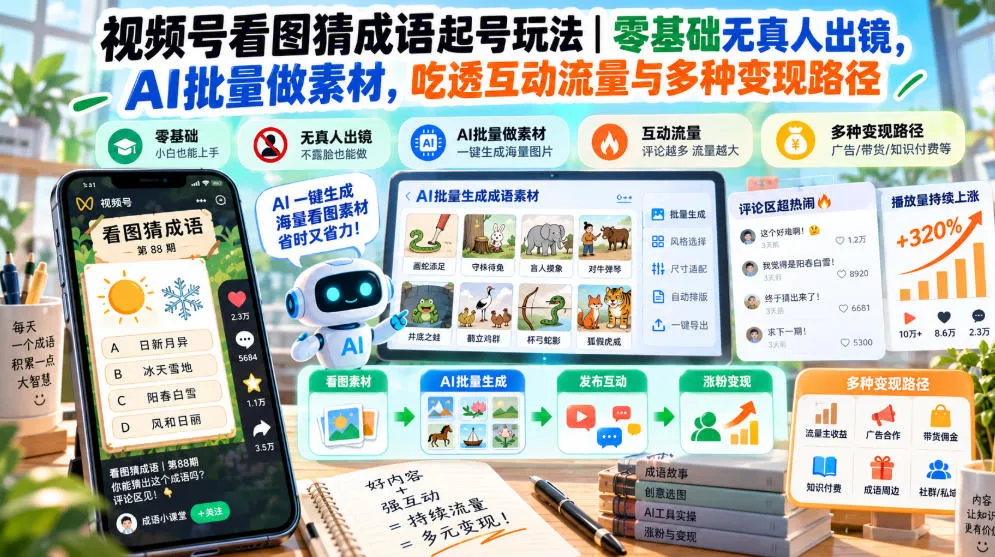32963f5312c2de6510bde6486df4147a.webp 视频号看图猜成语起号玩法|零基础无真人出镜,AI批量做素材,吃透互动流量与多种变现路径