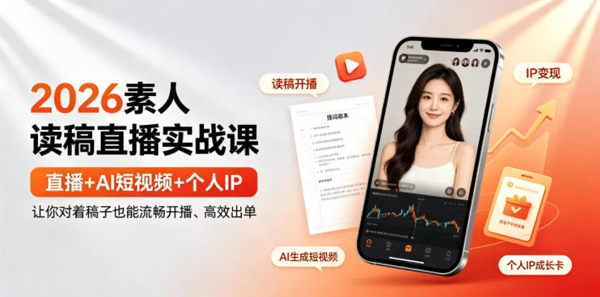 2026素人读稿直播实战课|直播+AI短视频+个人IP,让你对着稿子也能流畅开播、高效出单祝你网--专注互联网创业.信息差副业研究拒绝割韭菜祝你网
