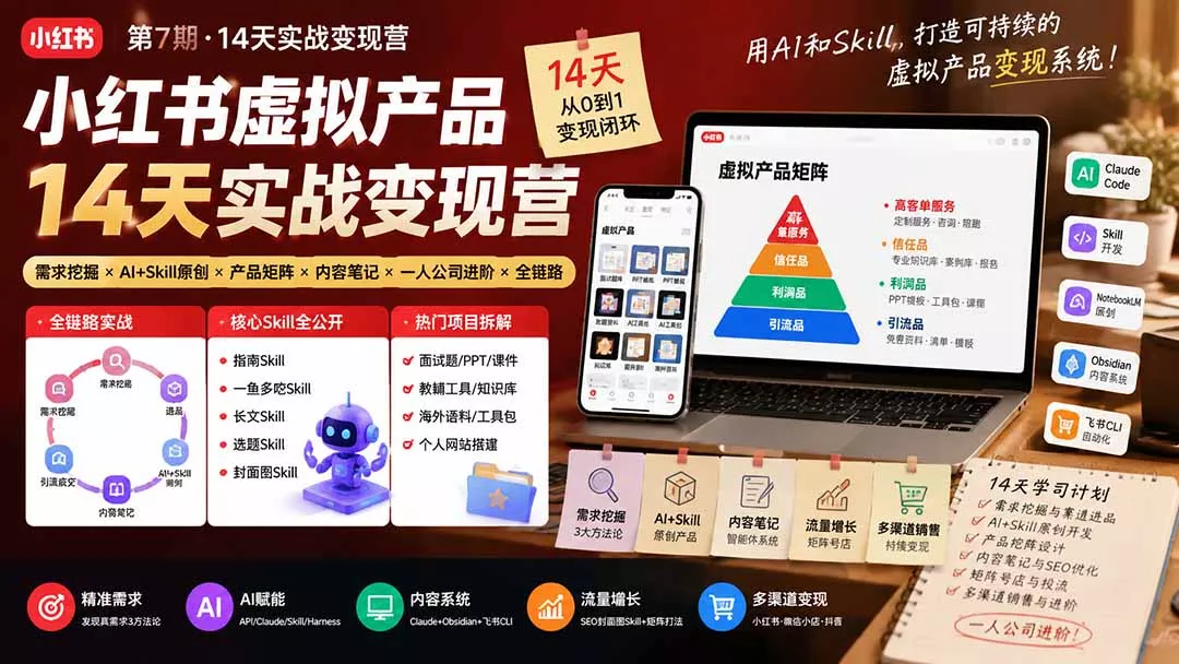 小红书虚拟产品14天实战变现营-第7期:需求挖掘×AI+Skill原创×产品矩阵×内容笔记×一人公司进阶×全链路祝你网--专注互联网创业.信息差副业研究拒绝割韭菜祝你网