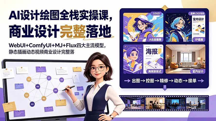 330a8a8957495059a5e4d083eef21d32.jpeg (19244期)AI设计绘图全栈实操课,WebUI+ComfyUI+MJ+Flux四大主流模型,静态插画动态视频商业设计完整落地教程