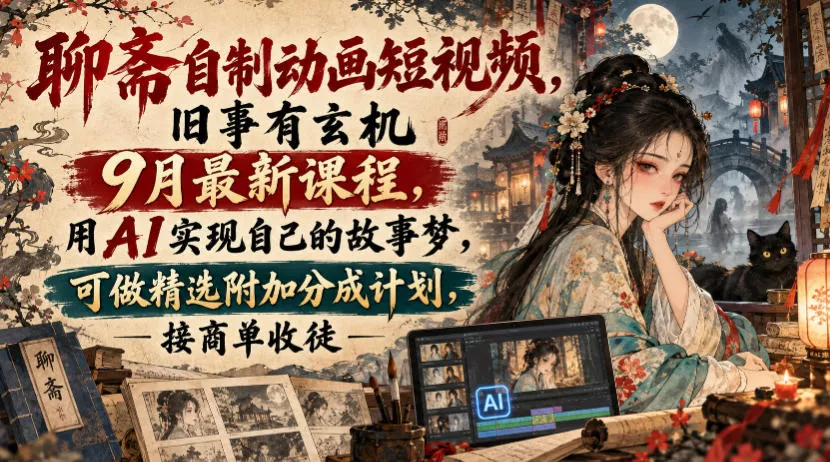 聊斋自制动画短视频,旧事有玄机9月最新课程,用AI实现自己的故事梦,可做精选附加分成计划,接商单收徒祝你网--专注互联网创业.信息差副业研究拒绝割韭菜祝你网