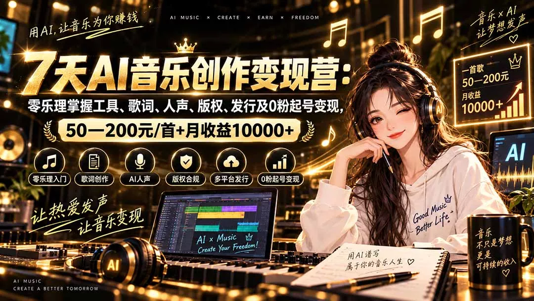 AI音乐创作变现营:零乐理掌握工具、歌词、人声、版权、发行及0粉起号变现,50—200元/首+月收益10000+祝你网--专注互联网创业.信息差副业研究拒绝割韭菜祝你网