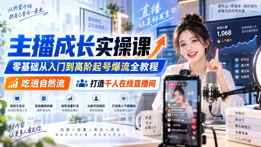 主播成长实操课|零基础从入门到高阶起号爆流全教程,吃透自然流,打造千人在线直播间祝你网--专注互联网创业.信息差副业研究拒绝割韭菜祝你网