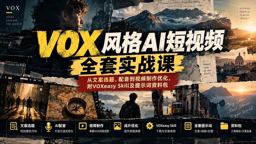 （20677期）【无水印】VOX风格AI短视频全套实战课：从文案选题、配音到视频制作优化，附VOXeasy Skill及提示词资料包祝你网--专注互联网创业.信息差副业研究拒绝割韭菜祝你网