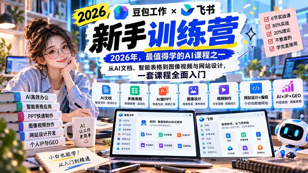 34191fa5c2ee2dd4332bf8b190d07323.jpeg (20645期)2026豆包工作+飞书新手训练营-9月新课:从AI文档、智能表格到图像视频与网站设计,一套课程全面入门