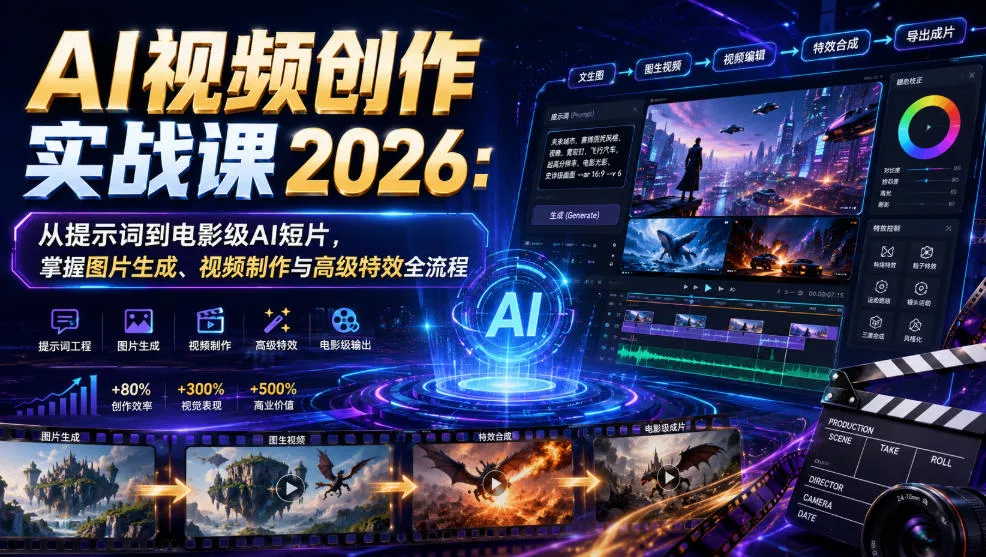 34726bccb309547d1fc8a372b3f44721.webp AI视频创作实战课2026:从提示词到电影级AI短片,掌握图片生成、视频制作与高级特效全流程