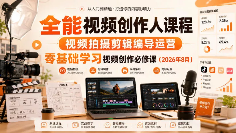 全能视频创作人课程，视频拍摄剪辑编导运营，零基础学习视频创作必修课(2026年8月)祝你网--专注互联网创业.信息差副业研究拒绝割韭菜祝你网