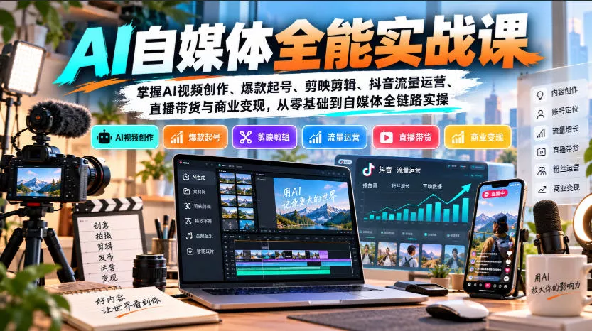35308d06187d1f8eee5b47fd5c23c29f.webp 【无水印】AI自媒体全能实战课,掌握AI视频创作、爆款起号、剪映剪辑、抖音流量运营、直播带货与商业变现,从零基础到自媒体全链路实操