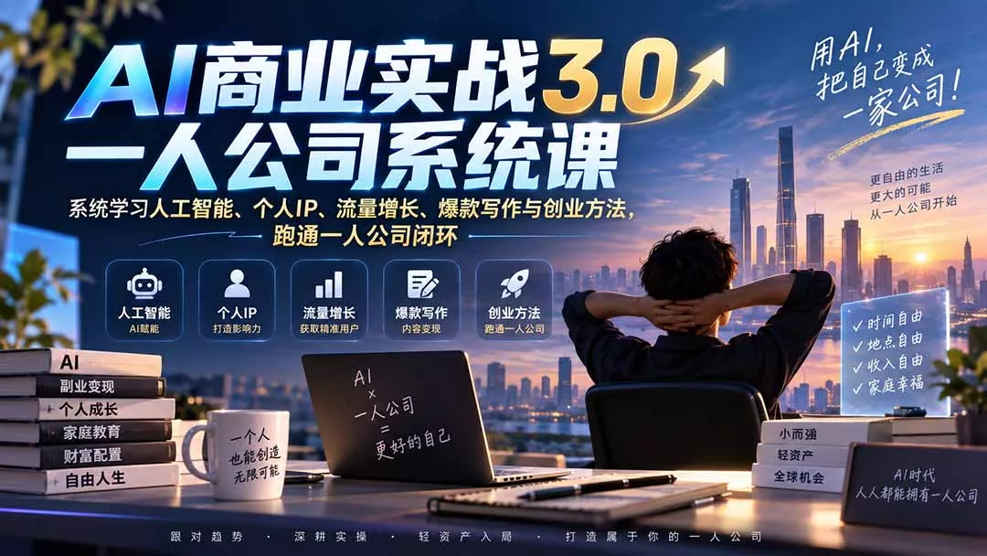 354bb777cde40e21213f10686aedb641.webp AI商业实战3.0一人公司系统课:系统学习人工智能、个人IP、流量增长、爆款写作与创业方法,跑通一人公司闭环
