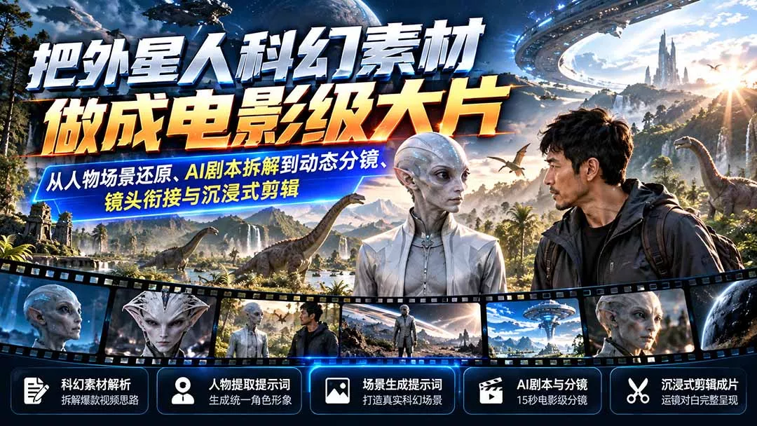 3574e907b8dc0bcf5bba2ba08e8b675a.webp 把外星人科幻素材做成电影级大片:从人物场景还原、AI剧本拆解到动态分镜、镜头衔接与沉浸式剪辑