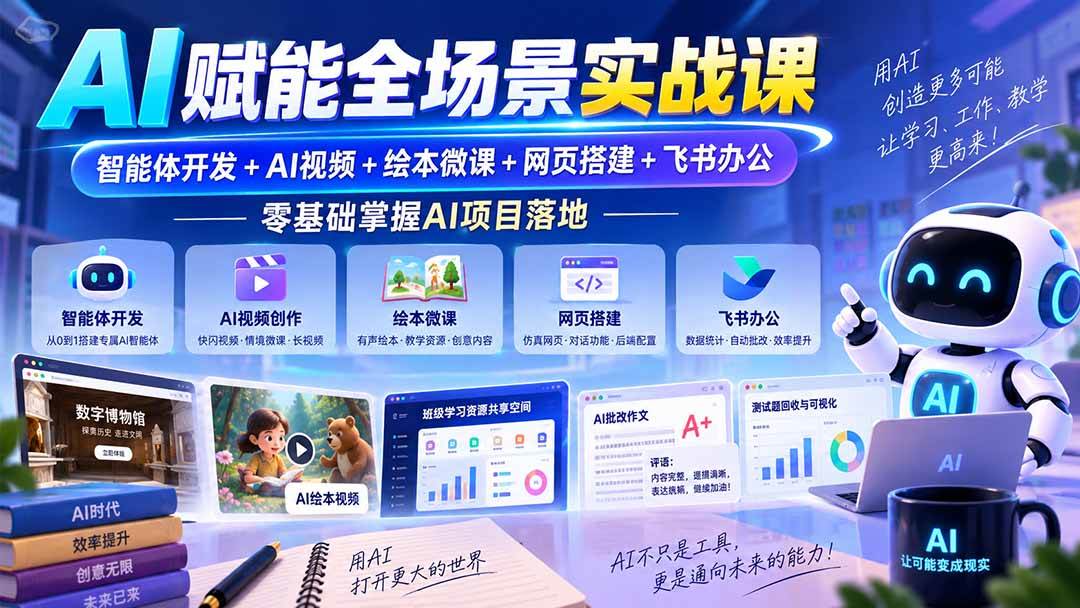 35afc84a903a6d40224af0a163054d3b.jpeg (20517期)AI赋能全场景实战课|智能体开发+AI视频+绘本微课+网页搭建+飞书办公,零基础掌握AI项目落地