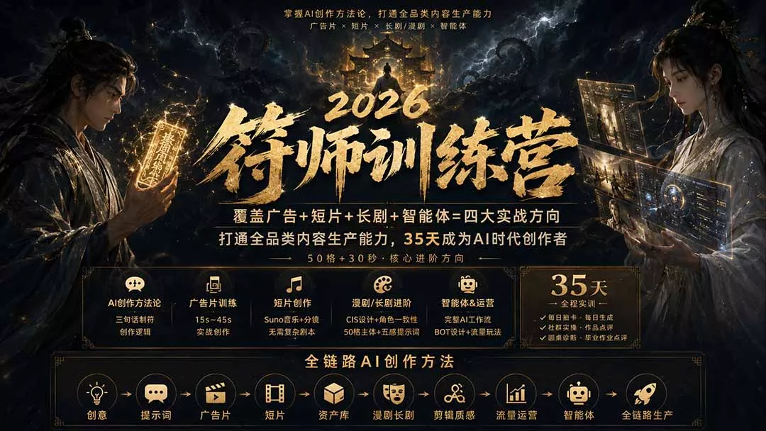 符师训练营-35天成为AI时代创作者，广告+短片+漫剧+智能体四大实战方向，掌握从创意到上线的完整工作流祝你网--专注互联网创业.信息差副业研究拒绝割韭菜祝你网
