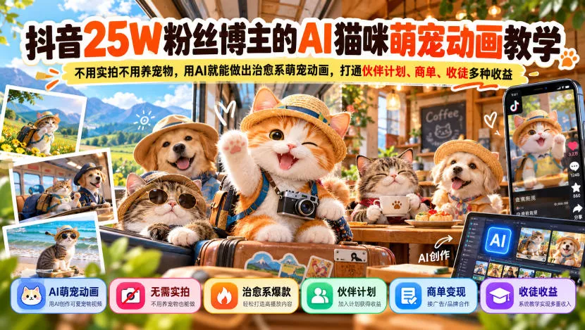 抖音25W粉丝博主的AI猫咪萌宠动画教学，不用实拍不用养宠物，用AI就能做出治愈系萌宠动画，打通伙伴计划、商单、收徒多种收益祝你网--专注互联网创业.信息差副业研究拒绝割韭菜祝你网