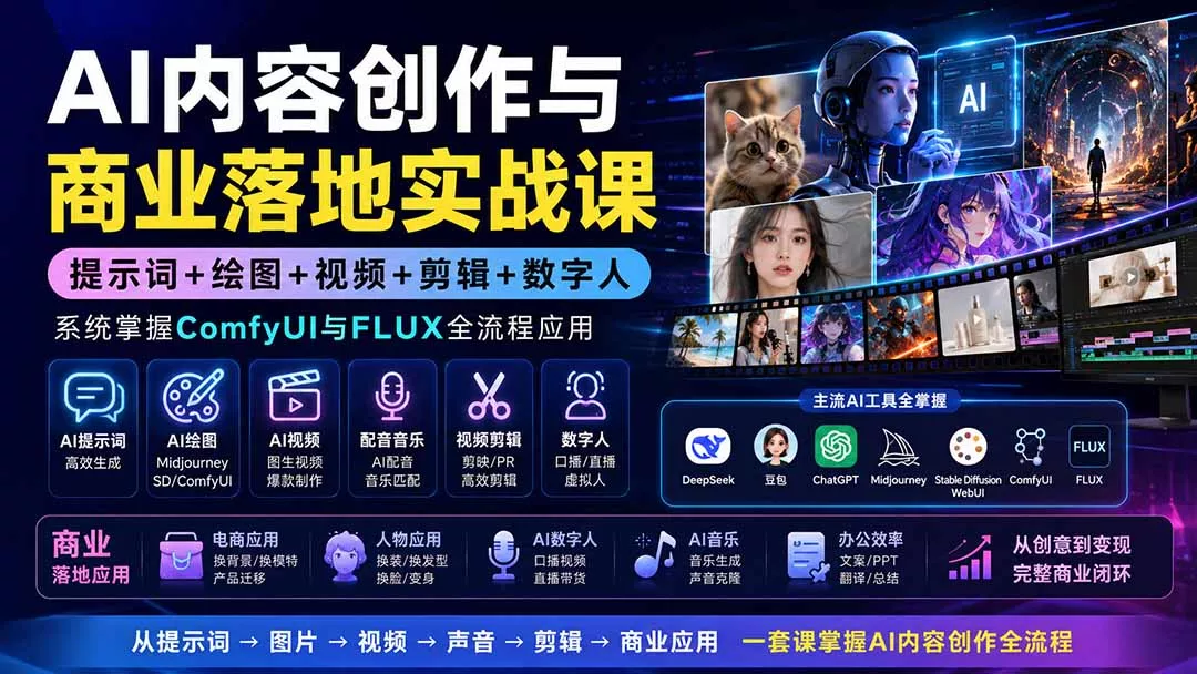 AI内容创作与商业落地实战课:提示词+绘图+视频+剪辑+数字人,系统掌握ComfyUI与FLUX全流程应用祝你网--专注互联网创业.信息差副业研究拒绝割韭菜祝你网
