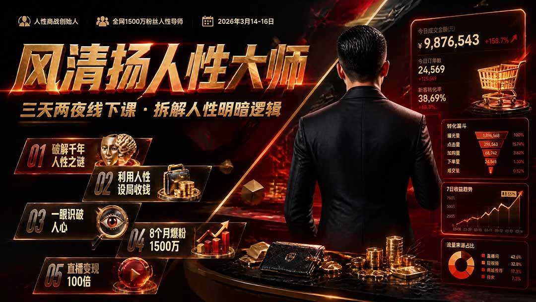 （19676期）风清扬人性大师-三天两夜3月14-16线下课2026年｜拆解人性明暗逻辑，识人避坑，千万粉涨粉+直播百倍变现实战教学祝你网--专注互联网创业.信息差副业研究拒绝割韭菜祝你网