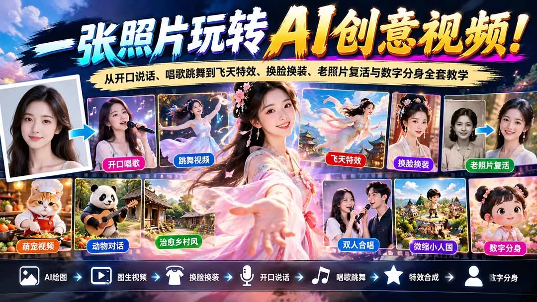 36c2af3089b94fd7050ebfc9d26a9ac6.webp 一张照片玩转AI创意视频!从开口说话、唱歌跳舞到飞天特效、换脸换装、老照片复活与数字分身全套教学