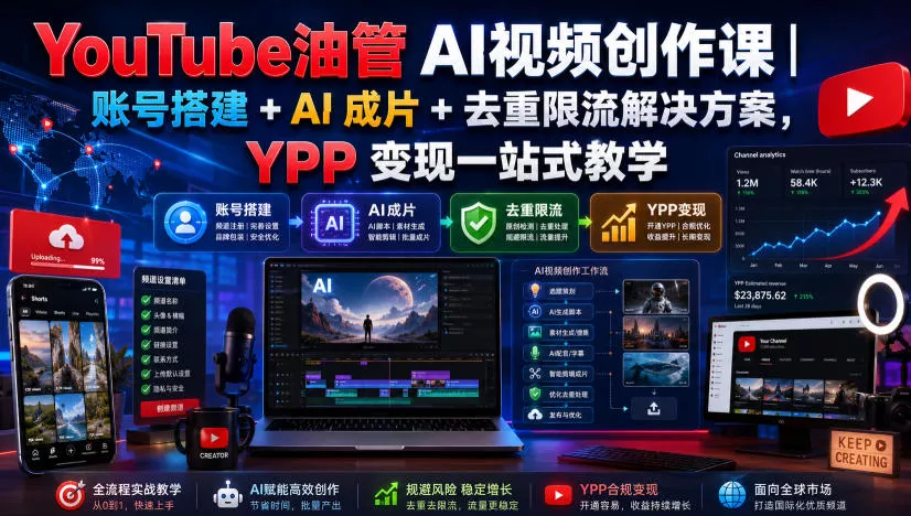 3737fd07a3155b848ba4824a90d3a2ac.webp YouTube油管AI视频创作课|账号搭建+AI成片+去重限流解决方案,YPP变现一站式教学