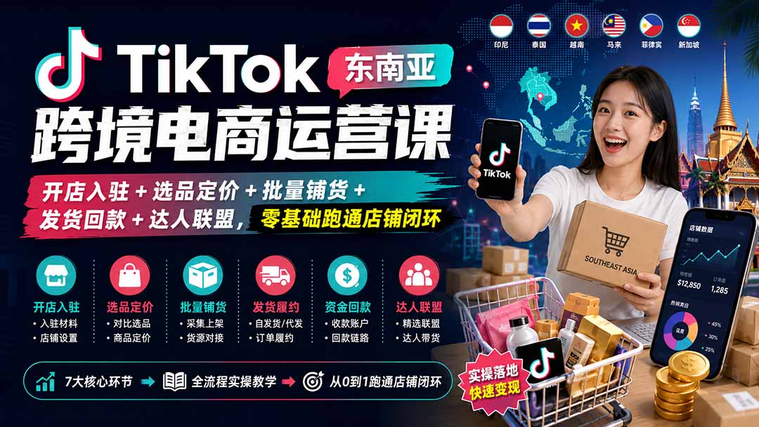 TikTok东南亚跨境电商运营课:开店入驻+选品定价+批量铺货+发货回款+达人联盟,零基础跑通店铺闭环祝你网--专注互联网创业.信息差副业研究拒绝割韭菜祝你网