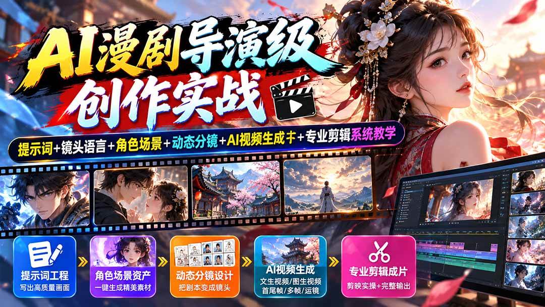 37be288110252eb6a7bce88c4747632f.jpeg (20814期)AI漫剧导演级创作实战:提示词+镜头语言+角色场景+动态分镜+AI视频生成+专业剪辑系统教学