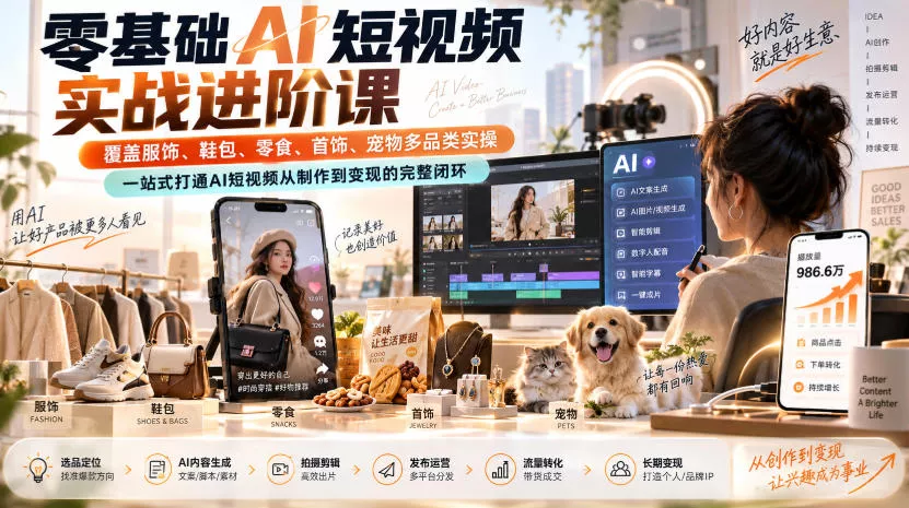 零基础AI短视频实战进阶课，覆盖服饰、鞋包、零食、首饰、宠物多品类实操，一站式打通AI短视频从制作到变现的完整闭环祝你网--专注互联网创业.信息差副业研究拒绝割韭菜祝你网