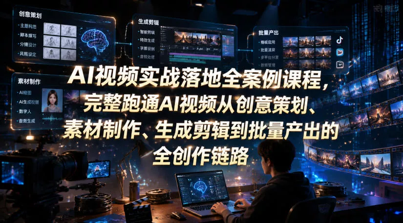 AI视频实战落地全案例课程,完整跑通AI视频从创意策划、素材制作、生成剪辑到批量产出的全创作链路祝你网--专注互联网创业.信息差副业研究拒绝割韭菜祝你网
