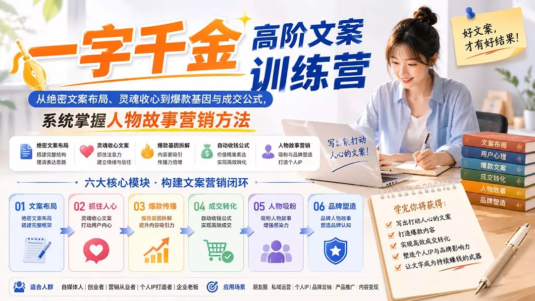 3894399004c0cf928e60f9d4e504a607.webp 一字千金高阶文案训练营:从绝密文案布局、灵魂收心到爆款基因与成交公式,系统掌握人物故事营销方法
