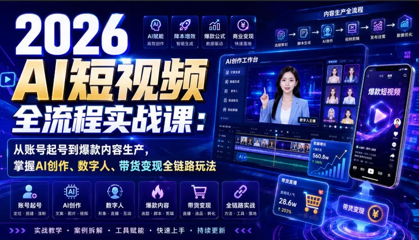 2026 AI短视频全流程实战课：从账号起号到爆款内容生产，掌握AI创作、数字人、带货变现全链路玩法祝你网--专注互联网创业.信息差副业研究拒绝割韭菜祝你网