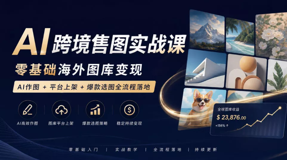 39465dad8744f1a0372fa9b585a3160d.webp AI跨境售图实战课,零基础海外图库变现,AI作图+平台上架+爆款选图全流程落地