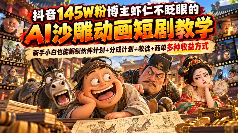 39964215c5668a4e260367f3add13d3c.webp 抖音145W粉博主虾仁不眨眼的AI沙雕动画短剧教学,新手小白也能解锁伙伴计划+分成计划+收徒+商单多种收益方式