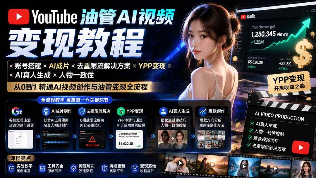 39b1a52772c9a7fa69fcaa08e918a274.jpeg (19774期)YouTube油管AI视频变现教程-更新:账号搭建×AI成片×去重限流解决方案×YPP变现×AI真人生成×人物一致性