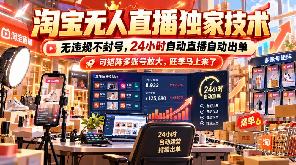 淘宝无人直播独家技术，无违规不封号，24小时自动直播自动出单，可矩阵多账号放大，旺季马上来了【揭秘】祝你网--专注互联网创业.信息差副业研究拒绝割韭菜祝你网