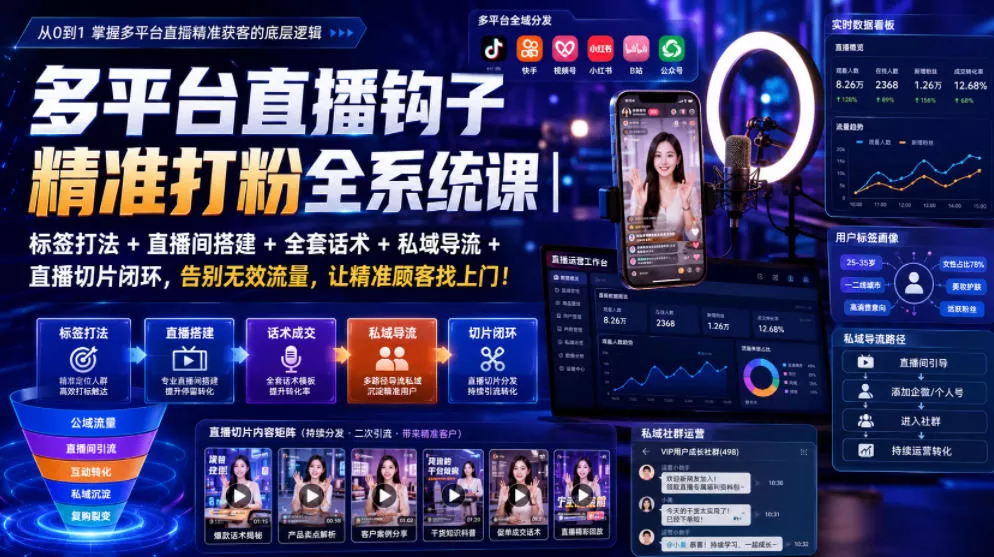 多平台直播钩子精准打粉全系统课｜标签打法+直播间搭建+全套话术+私域导流+直播切片闭环，告别无效流量，让精准顾客找上门！祝你网--专注互联网创业.信息差副业研究拒绝割韭菜祝你网