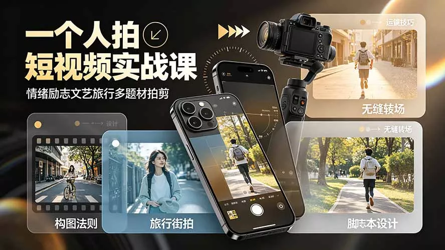 3a651e886953afb156c9df8082a51adf.webp 一个人拍短视频实战课:情绪励志文艺旅行多题材×五大景别×黄金构图×八大运镜,从拍摄到成片高效创作