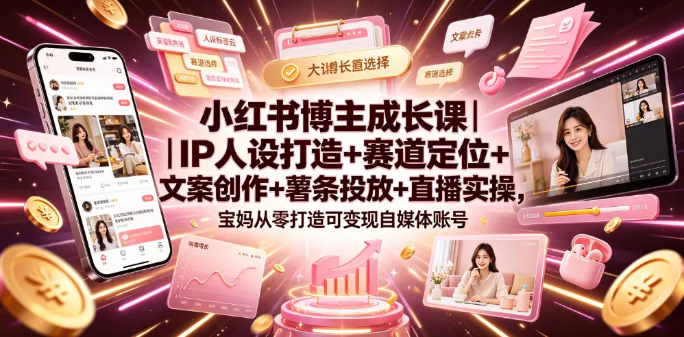 小红书博主成长课｜IP人设打造+赛道定位+文案创作+薯条投放+直播实操，宝妈从零打造可变现自媒体账号祝你网--专注互联网创业.信息差副业研究拒绝割韭菜祝你网