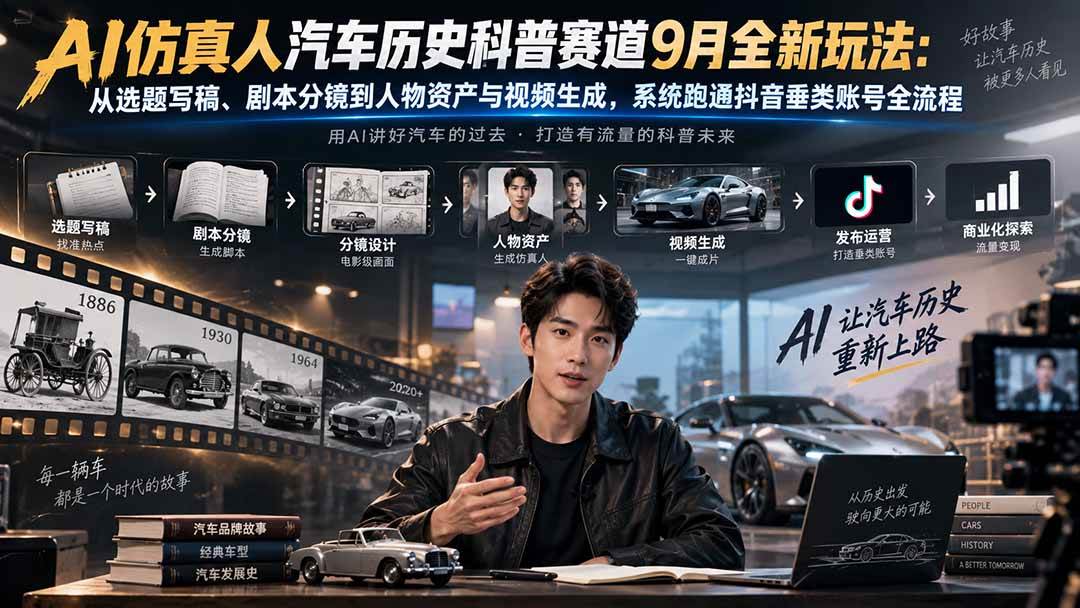 3b10c700b565dd22d40623e17765e7d9.jpeg (20413期)AI仿真人汽车历史科普赛道9月全新玩法:从选题写稿、剧本分镜到人物资产与视频生成,系统跑通抖音垂类账号全流程