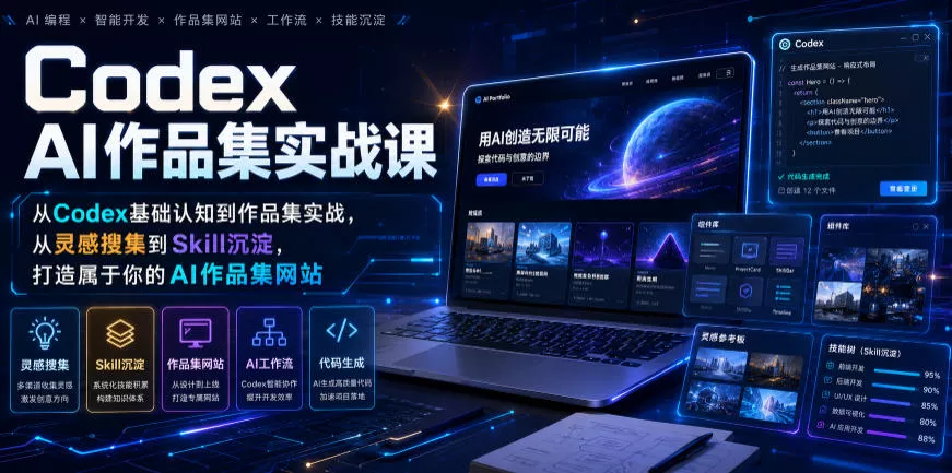 3b79595b31ac94c78538eef22e79714e.webp Codex AI作品集实战课,从Codex基础认知到作品集实战,从灵感搜集到Skill沉淀,打造属于你的AI作品集网站