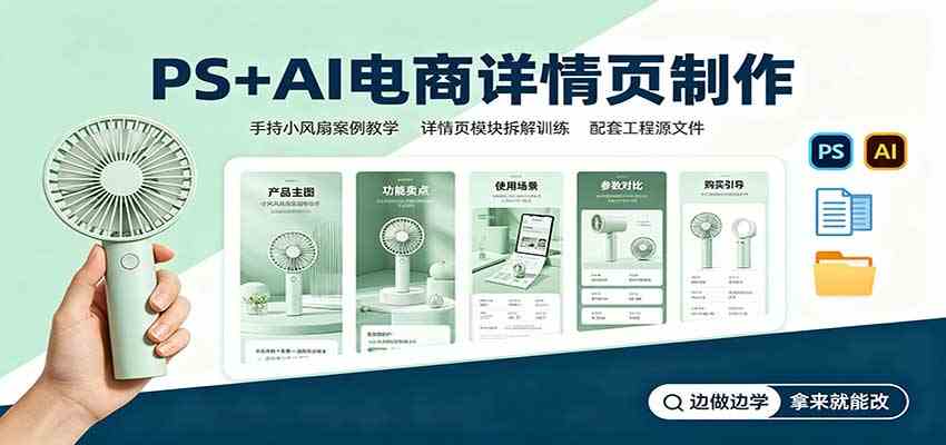 3bafdf2bafa4d90a660b473573c6e13d.jpeg PS+AI电商详情页制作:手持小风扇案例教学,配套工程源文件