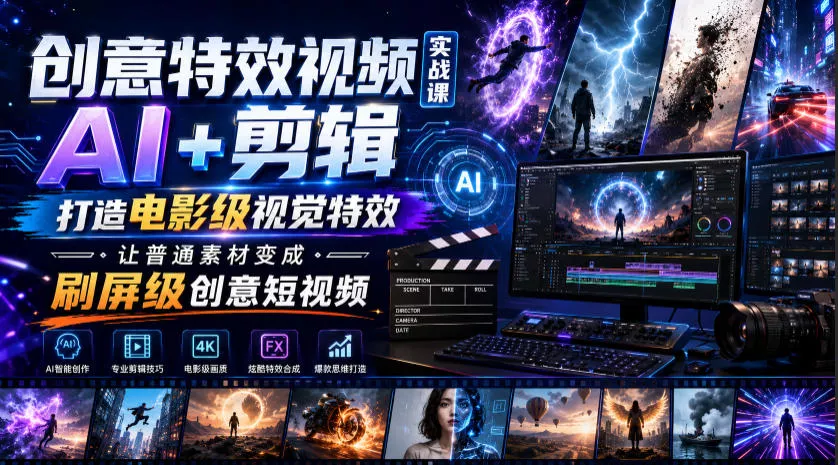 3bd82a10f95ef9d8a6db98b70e72802f.webp 创意特效视频实战课,AI+剪辑打造电影级视觉特效,让普通素材变成刷屏级创意短视频