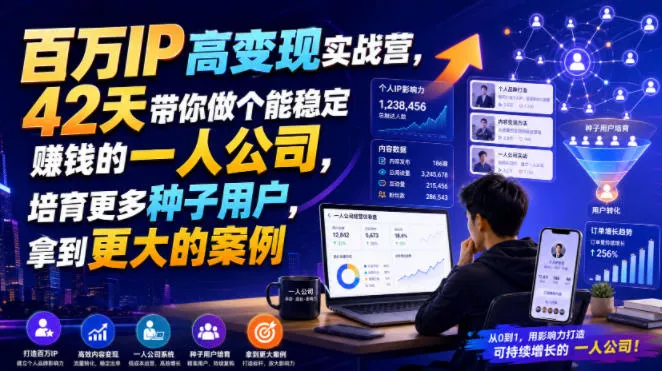 百万IP高变现实战营，42天带你做个能稳定賺钱的一人公司，培育更多种子用户，拿到更大的案例祝你网--专注互联网创业.信息差副业研究拒绝割韭菜祝你网